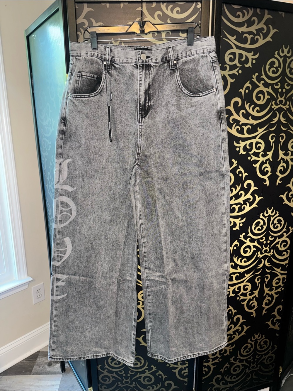 Fashion Nova Gray Acid Wash Wide-Leg Jeans with Side Script Detail